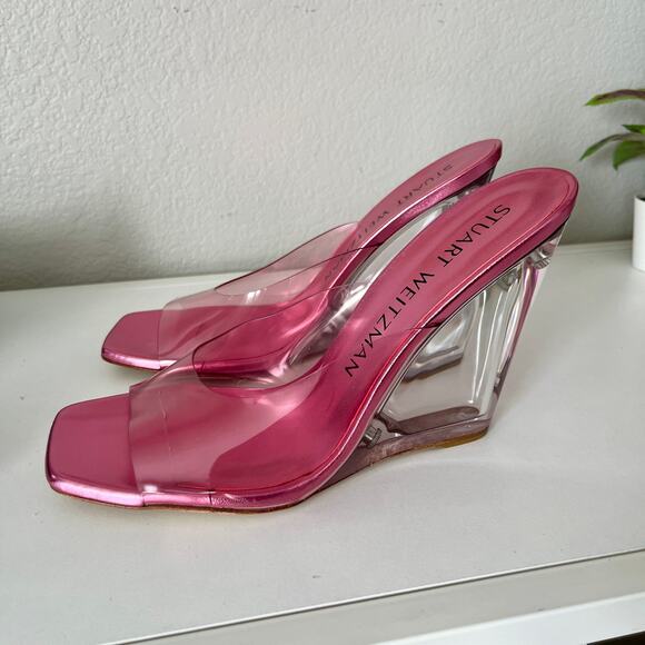 Stuart Weitzman Pink Tia 100 Lucite Wedges - Picture 5 of 9